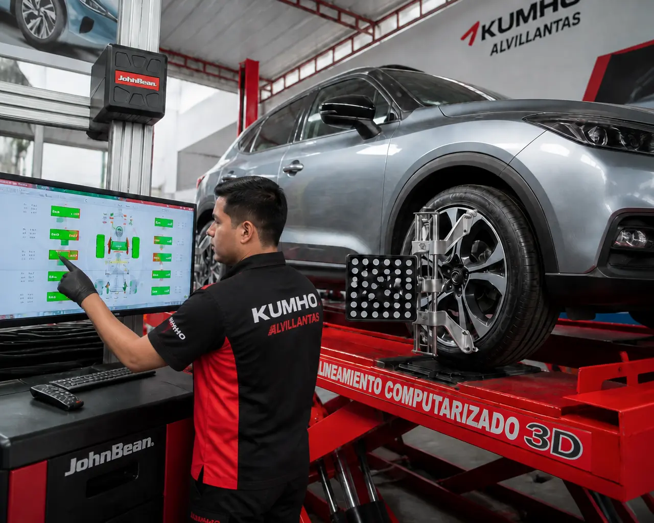 Técnico realizando alineamiento computarizado 3D